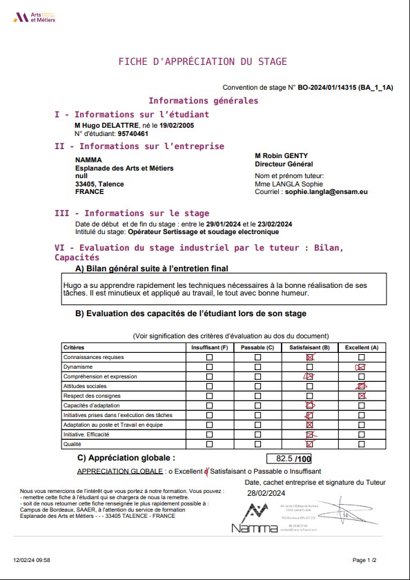 Fiche d'appréciation - Namma
