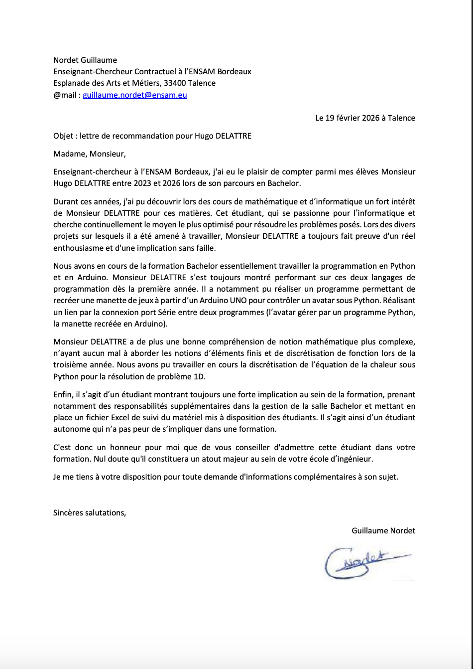 Lettre de recommandation - Monsieur Guillaume NORDET