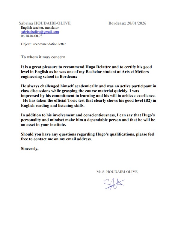 Lettre de recommandation - Madame Sabrina HOUDAIBI