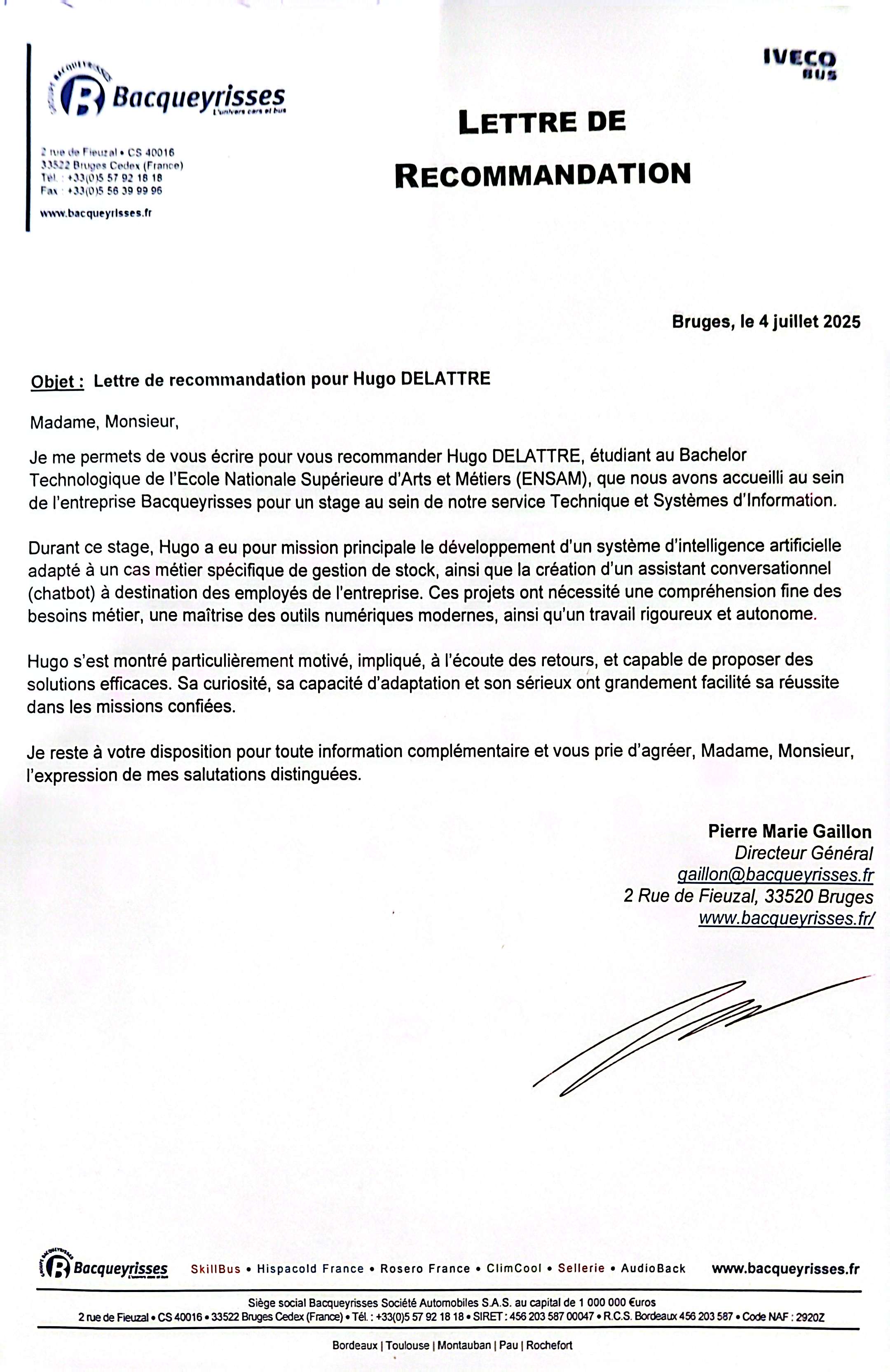 Lettre de recommandation - Monsieur Pierre-Marie GAILLON