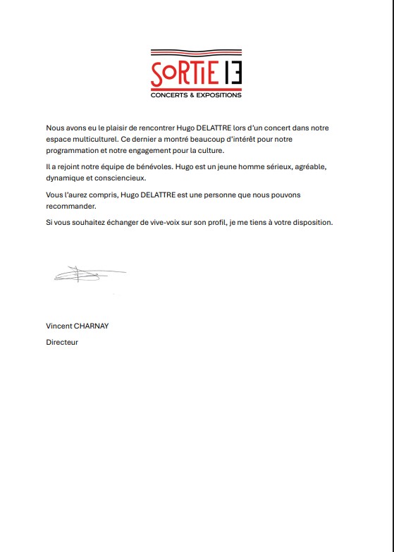 Lettre de recommandation - Monsieur Vincent CHARNAY